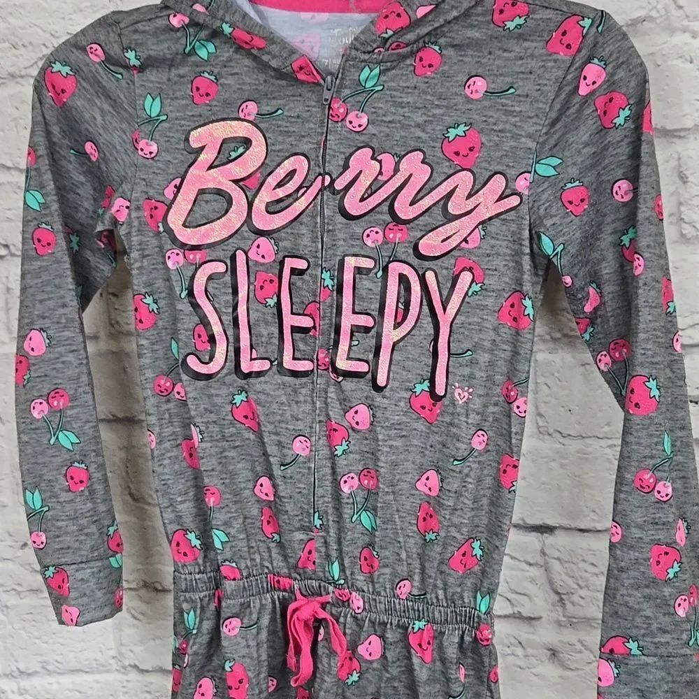 Justice Strawberry Pajama Romper Girls 6 7 Hooded Sleepwear Lounge One Piece Pjs